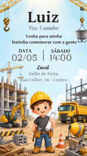 Convite de Aniversário Pequeno Construtor para Editar Online