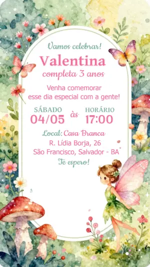 Convite Digital Aniversário Infantil Fada Aquarela para Editar