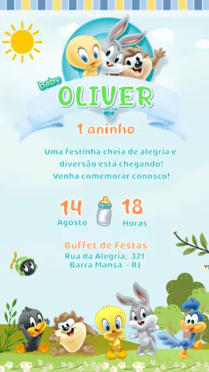 Convite de Aniversário Baby Looney Tunes Turma Fofa para Editar
