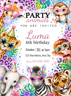 Cute Party Animals Birthday Invitation Editable Template