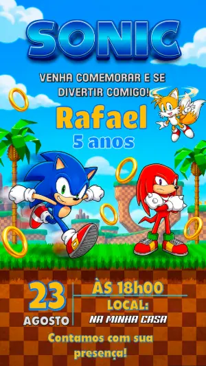 Convite de Aniversário Sonic Editável para Festa Infantil