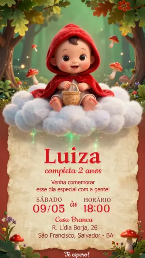 Convite de Aniversário Chapeuzinho Vermelho Fofo para Editar