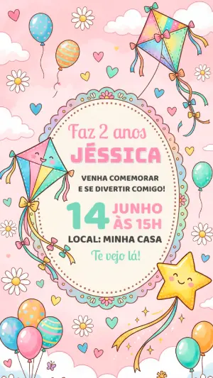 Convite de Aniversário Infantil Pipa Aquarela para Editar