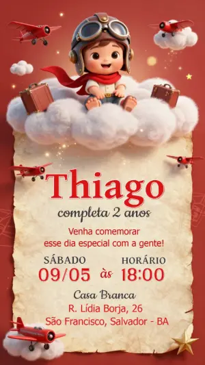 Convite Digital Aniversário Menino Aviador para Editar
