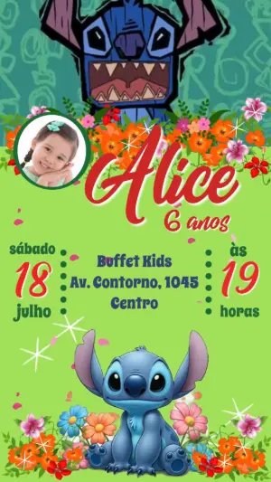 Convite Animado Aniversário Lilo e Stitch com Foto para Editar