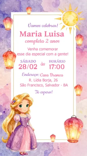 Convite de Aniversário Rapunzel Aquarela para Editar
