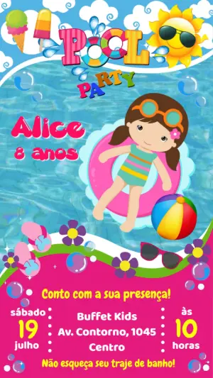 Convite Animado Aniversário Pool Party Menina para Editar Online