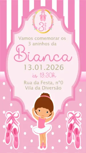 Convite de Aniversário Bailarina Rosa Delicado para Editar