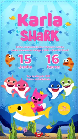 Convite de Aniversário Baby Shark Colorido para Editar