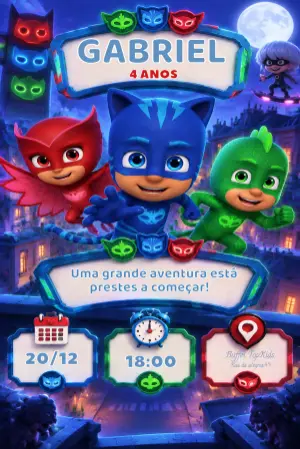 Convite de Aniversário PJ Masks Heróis Editável