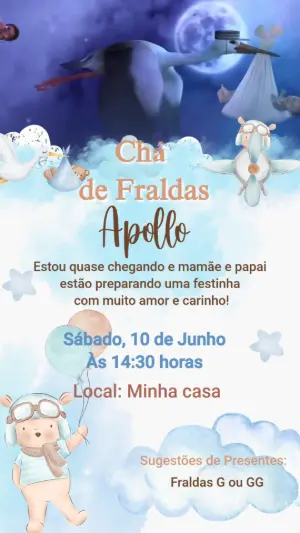 Convite Animado Chá de Fraldas Ursinho Aviador para Editar