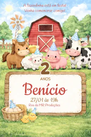 Convite de Aniversário Fazendinha Fofo com Animais para Editar