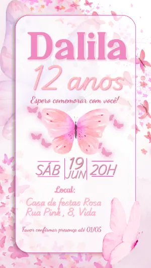 Convite de Aniversário Borboleta Rosa Aquarela Editável