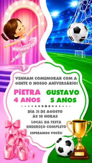 Convite de Aniversário Duplo Bailarina e Futebol Editável