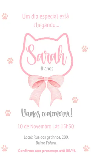 Convite de Aniversário Gatinha Rosa Editável para Menina