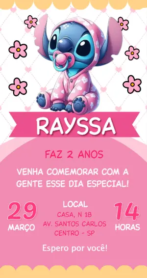 Convite de Aniversário Baby Stitch Rosa Fofo para Editar