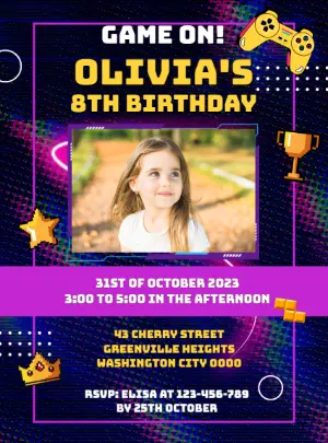 Neon Gamer Birthday Invitation with Photo - Editable Template