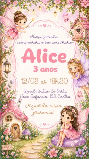 Convite de Aniversário Jardim das Fadas Rosa Editável