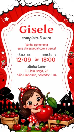 Convite de Aniversário Cerejinha Digital para Editar