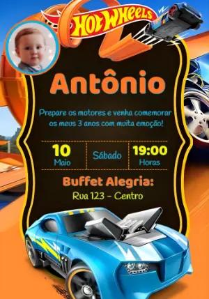 Convite de Aniversário Hot Wheels com Foto para Editar