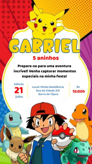 Convite de Aniversário Pokémon com Ash e Pikachu para editar