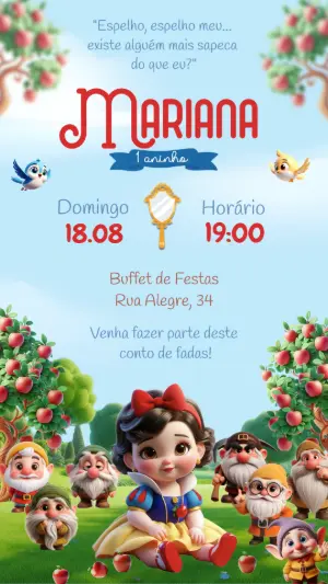 Convite de Aniversário Branca de Neve Fofo para Editar