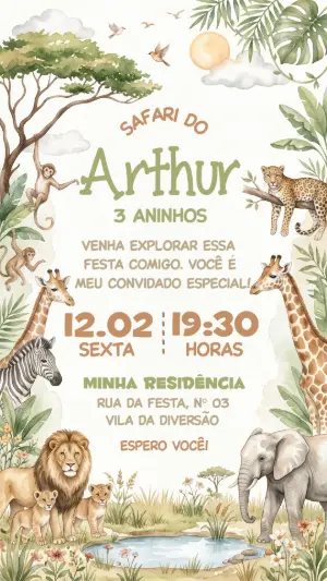 Convite de Aniversário Safari Aquarela Editável