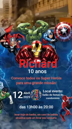 Convite Animado de Aniversário Super-Heróis Vingadores para Editar