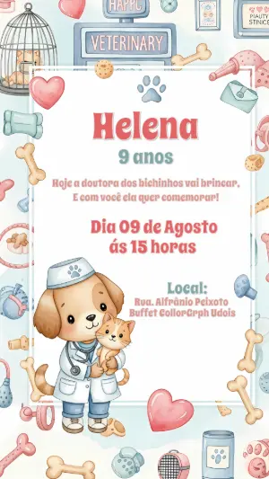 Convite Aniversário Veterinária com Animais Fofos para Editar