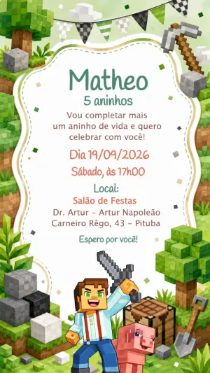 Convite de Aniversário Minecraft Editável