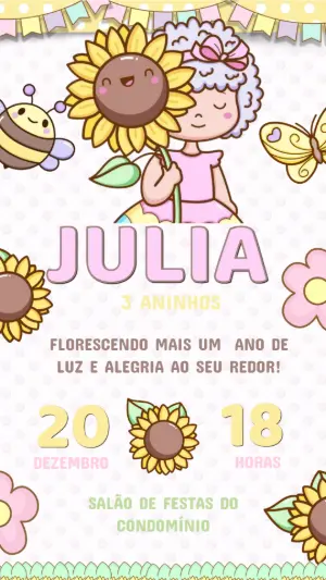 Convite de Aniversário Infantil Girassol Fofo para Editar