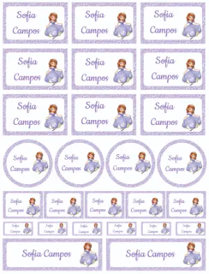 Kit de Etiquetas Escolares Princesa Sofia Lilás para Editar