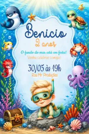 Convite de Aniversário Infantil Fundo do Mar Editável