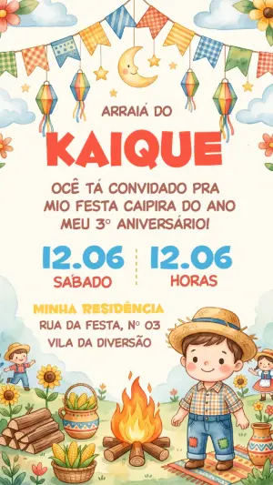 Convite Arraiá Infantil Menino Aquarela para Editar