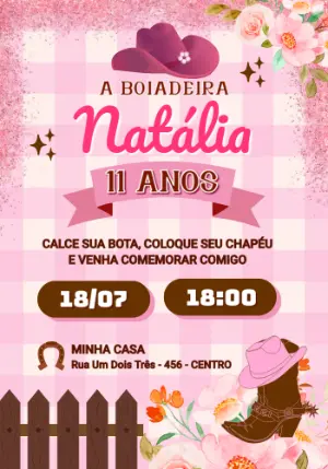 Convite de Aniversário Boiadeira Country Rosa para Editar