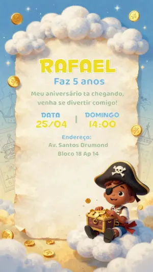 Convite de Aniversário Pirata Infantil para Editar