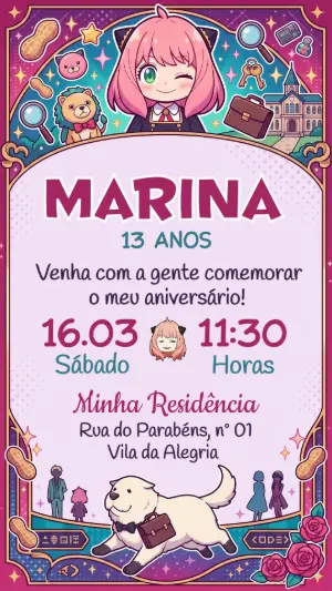 Convite de Aniversário Anya Spy x Family Editável