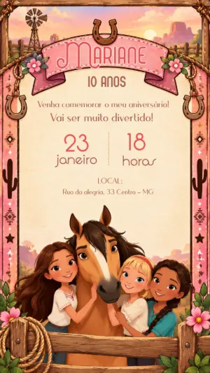 Convite Spirit Indomável Aniversário de Menina Editável