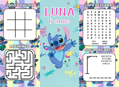Revistinha de Jogos Stitch para Aniversário Infantil Editável