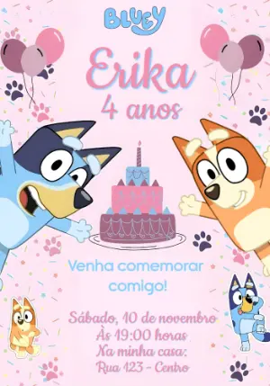 Convite de Aniversário Bluey e Bingo Rosa Modelo Editável