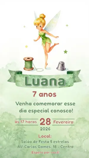 Convite Digital Aniversário Sininho Aquarela para Editar