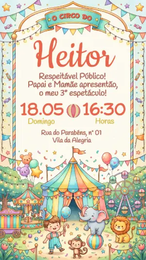 Convite de Aniversário Circo Aquarela Menino Editável