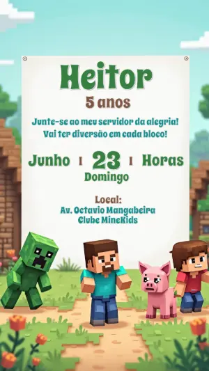 Convite de Aniversário Minecraft com Personagens para Editar