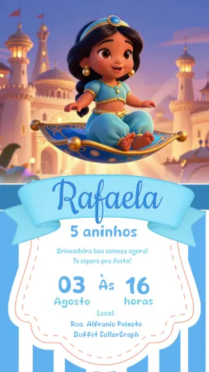 Convite de Aniversário Princesa Jasmine Fofo para Editar