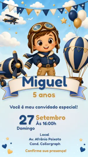 Convite de Aniversário Aviador para Editar