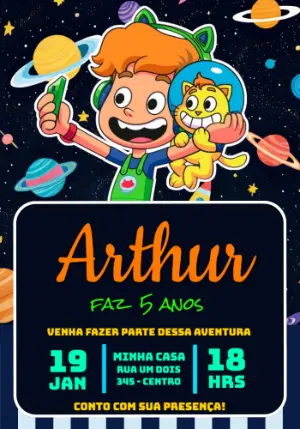 Convite de Aniversário Gato Galáctico para Editar