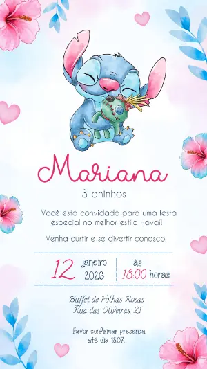 Convite de Aniversário Stitch Havaiano Aquarela para Editar