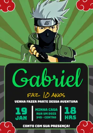 Convite Digital Aniversário Tema Naruto Kakashi Editável