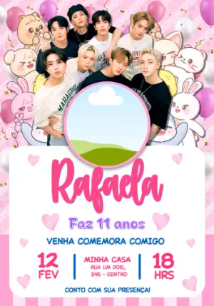 Convite de Aniversário Stray Kids K-pop Rosa com Foto