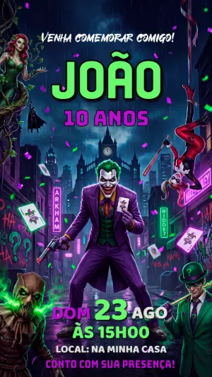 Convite de Aniversário Coringa e Vilões DC Editável